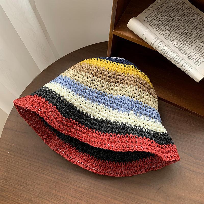 Rainbow Colorful Straw Bucket Hat Breathable Summer Sun Hat for Women