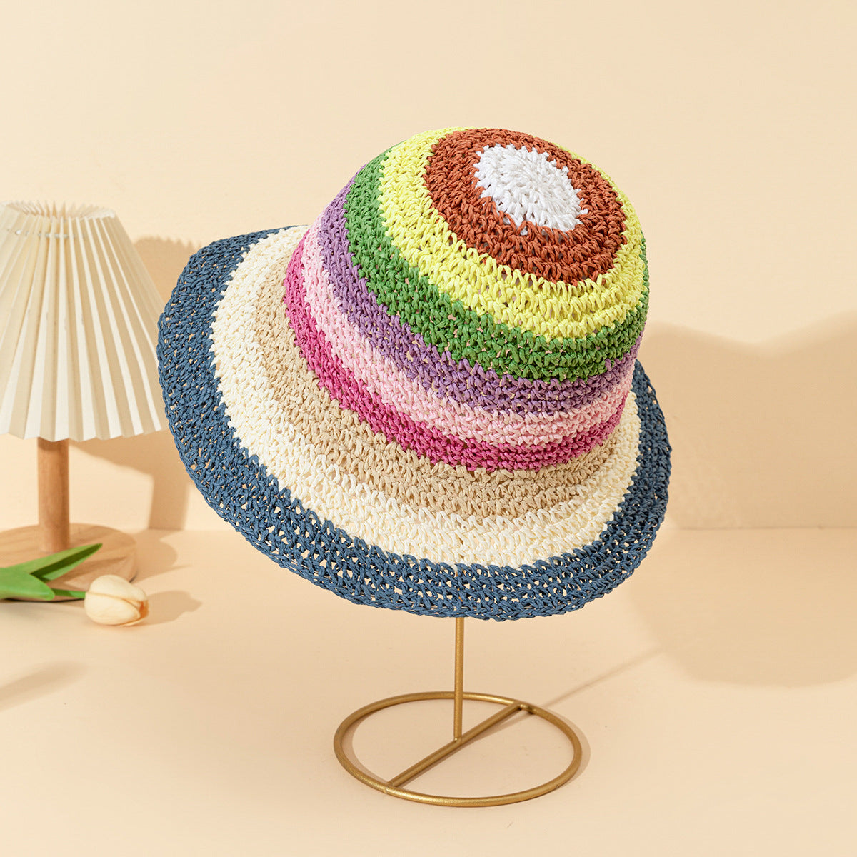 Rainbow Colorful Straw Bucket Hat Breathable Summer Sun Hat for Women