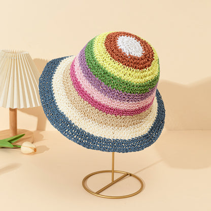 Rainbow Colorful Straw Bucket Hat Breathable Summer Sun Hat for Women