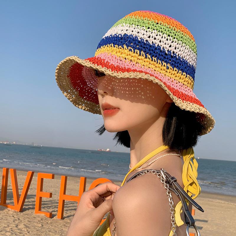 Rainbow Colorful Straw Bucket Hat Breathable Summer Sun Hat for Women