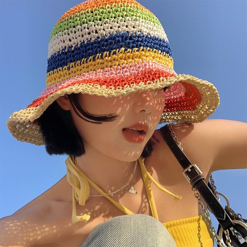 Rainbow Colorful Straw Bucket Hat Breathable Summer Sun Hat for Women