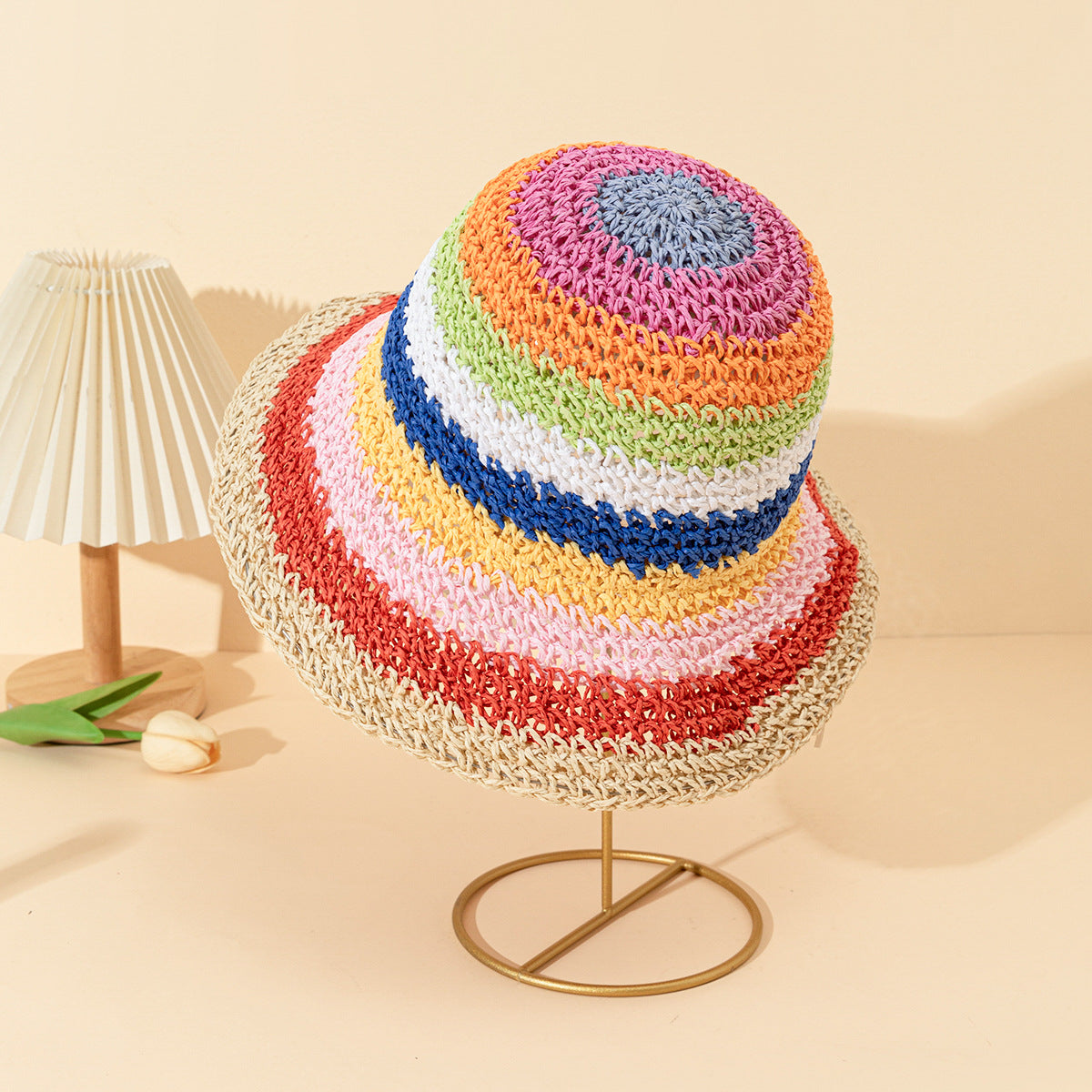 Rainbow Colorful Straw Bucket Hat Breathable Summer Sun Hat for Women
