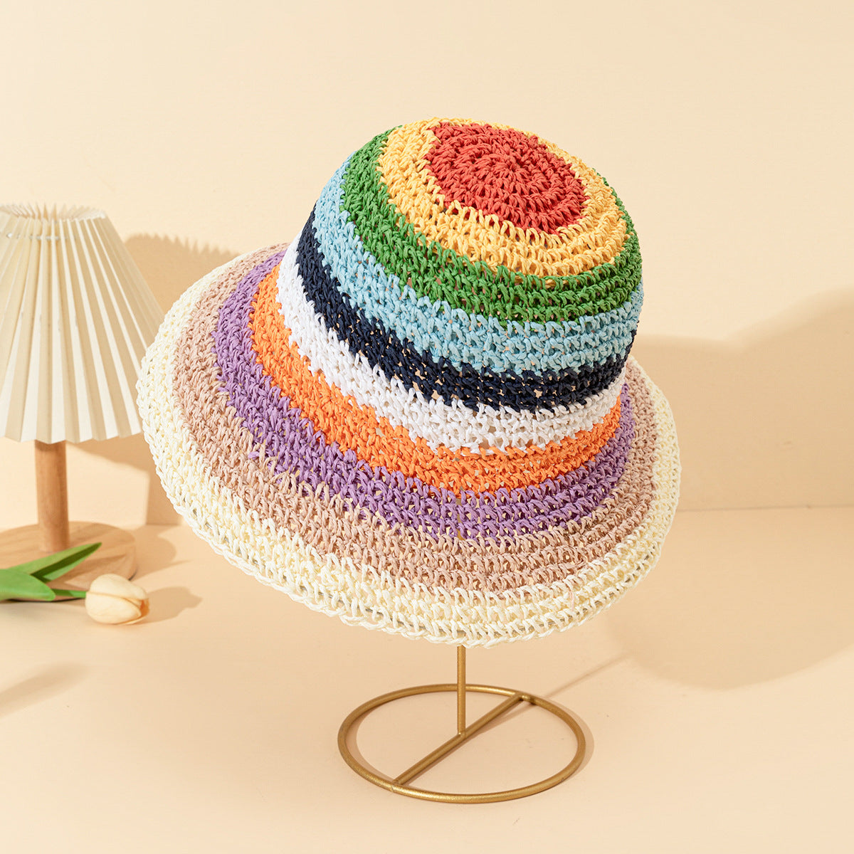 Rainbow Colorful Straw Bucket Hat Breathable Summer Sun Hat for Women