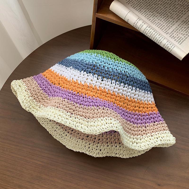 Rainbow Colorful Straw Bucket Hat Breathable Summer Sun Hat for Women