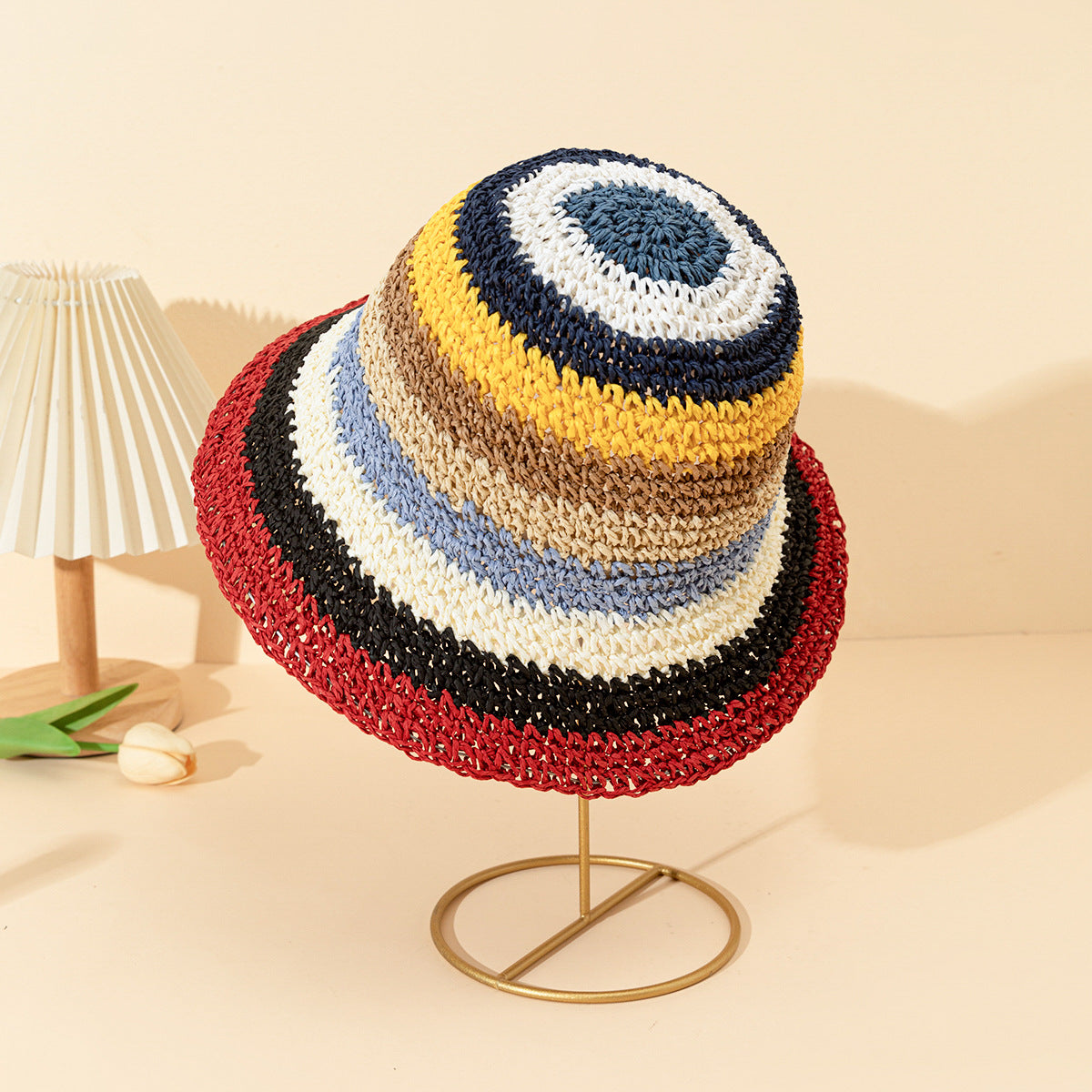 Rainbow Colorful Straw Bucket Hat Breathable Summer Sun Hat for Women
