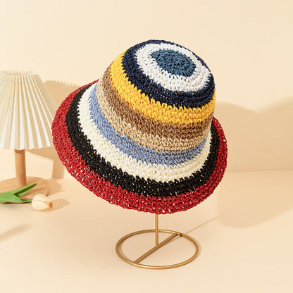 Rainbow Colorful Straw Bucket Hat Breathable Summer Sun Hat for Women