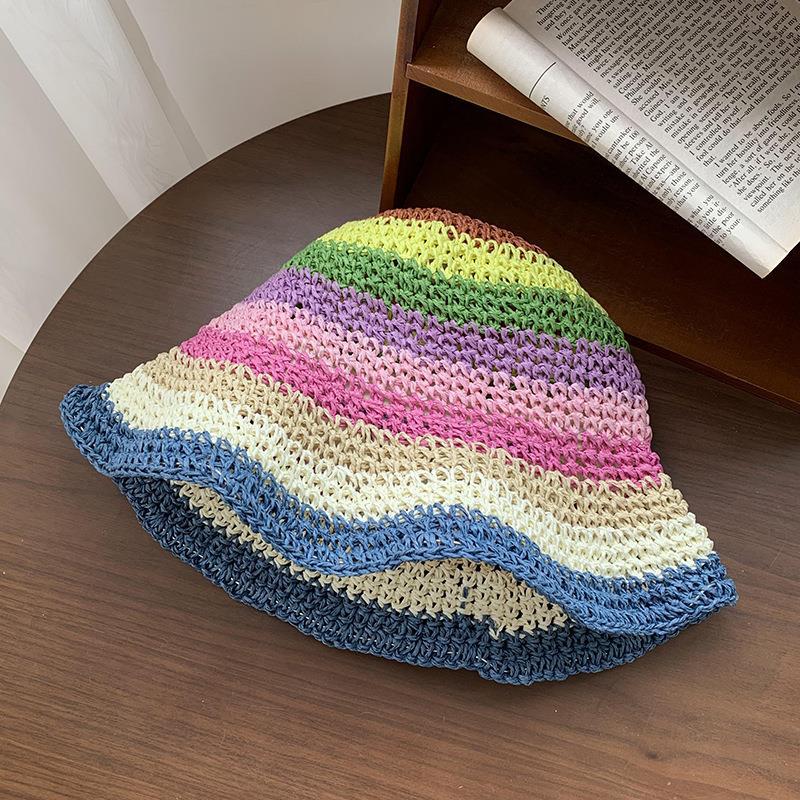 Rainbow Colorful Straw Bucket Hat Breathable Summer Sun Hat for Women