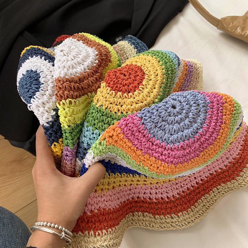Rainbow Colorful Straw Bucket Hat Breathable Summer Sun Hat for Women