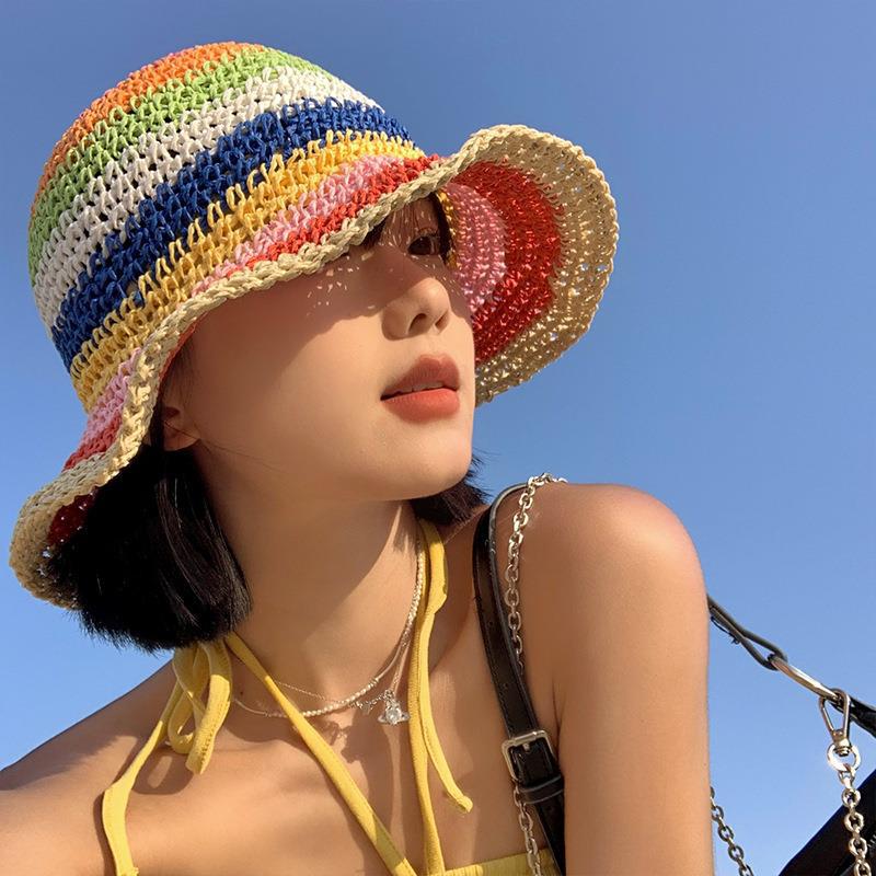 Rainbow Colorful Straw Bucket Hat Breathable Summer Sun Hat for Women