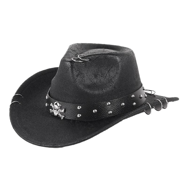 Skull Cowboy Hat PU Leather Western Style with Metal Studs Black