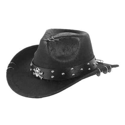 Skull Cowboy Hat PU Leather Western Style with Metal Studs Black