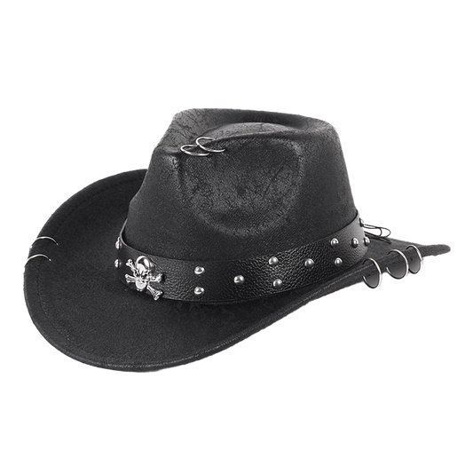 Skull Cowboy Hat PU Leather Western Style with Metal Studs Black