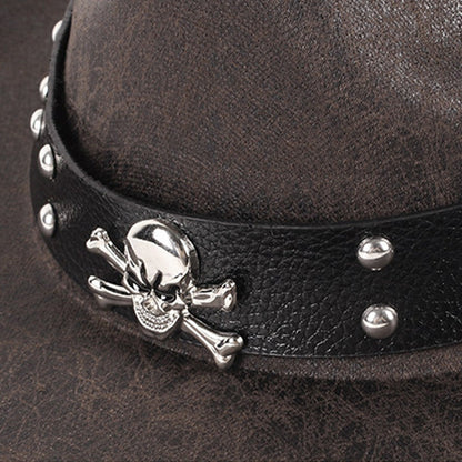 Skull Cowboy Hat PU Leather Western Style with Metal Studs Black