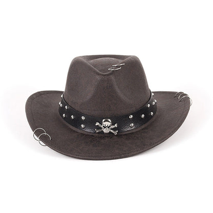 Skull Cowboy Hat PU Leather Western Style with Metal Studs Black