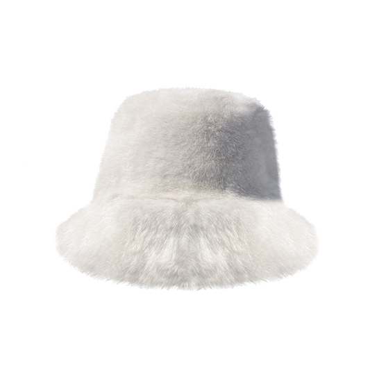 White Faux Fur Bucket Hat for Women – Winter Warm Furry Fisherman Hat, Soft Mink Style, Cozy & Stylish