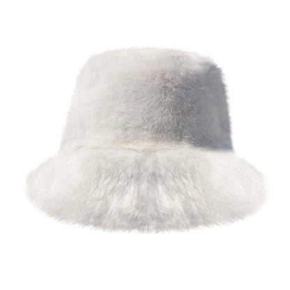 White Faux Fur Bucket Hat for Women – Winter Warm Furry Fisherman Hat, Soft Mink Style, Cozy & Stylish