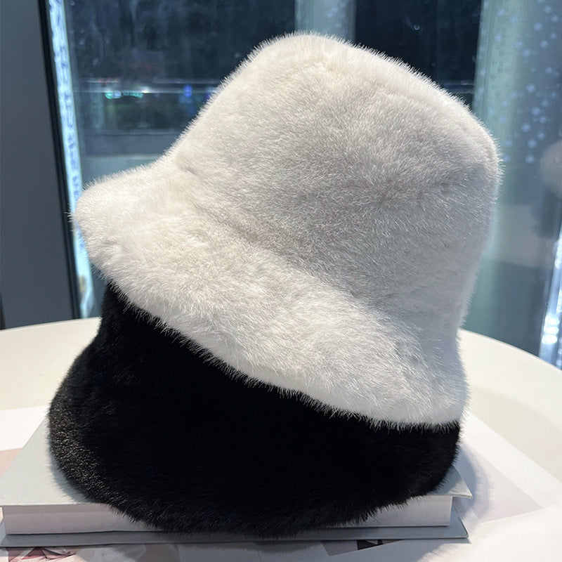 White Fur Bucket Hat for Women – Warm Mink Style Faux Autumn