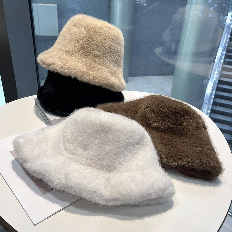 White Fur Bucket Hat for Women – Warm Mink Style Faux Autumn