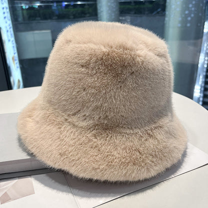 White Faux Fur Bucket Hat for Women – Winter Warm Furry Fisherman Hat, Soft Mink Style, Cozy & Stylish