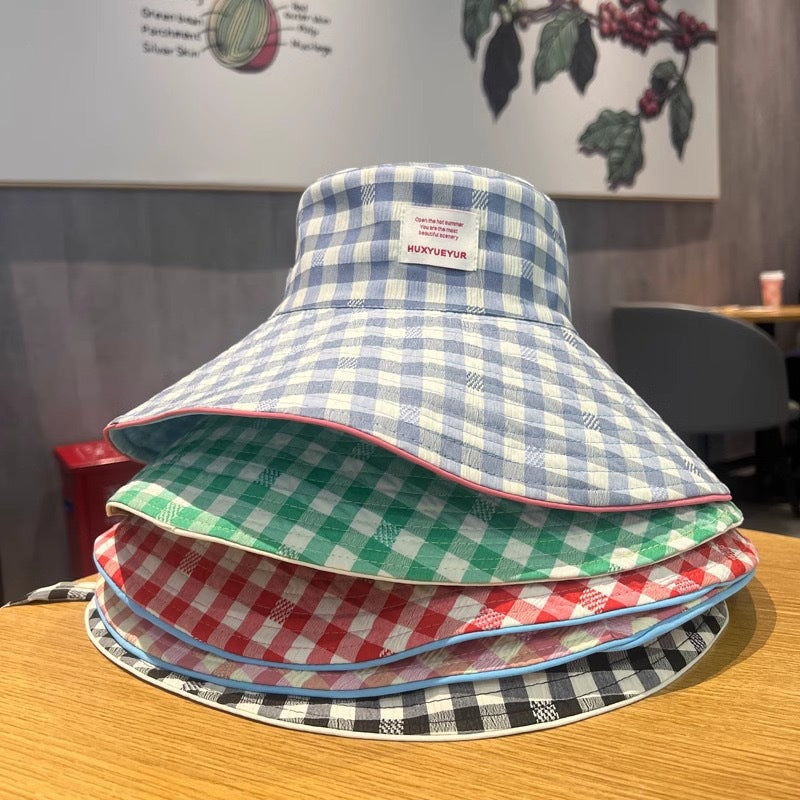 Wide Brim Bucket Hat – Reversible Plaid Sun Hat with Chin Strap, UV Protection, Multiple Colors