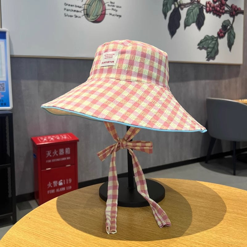 Wide Brim Bucket Hat – Reversible Plaid Sun Hat with Chin Strap, UV Protection, Multiple Colors