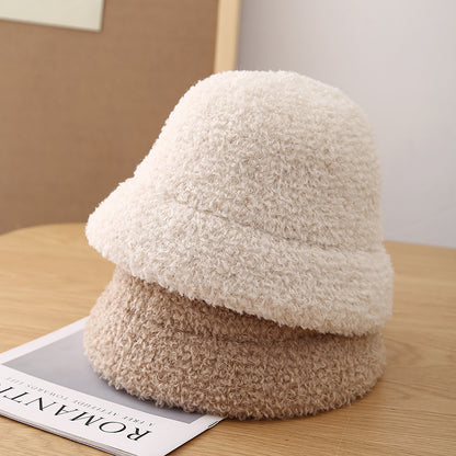 Winter Bucket Hat Teddy Fleece – Unisex Wool-Look Round Top Bucket Hat for Cold Weather
