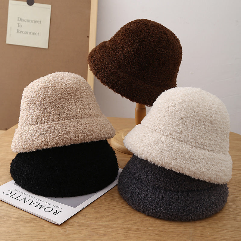 Winter Bucket Hat Teddy Fleece – Unisex Wool-Look Round Top Bucket Hat for Cold Weather