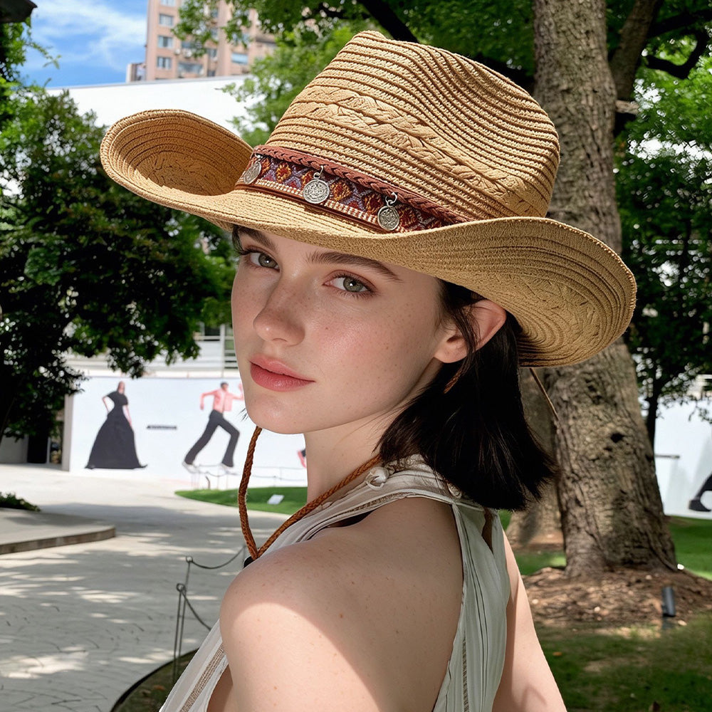Woven Cowboy Hat | Women's Wide Brim Western Sun Hat for Summer Holidays