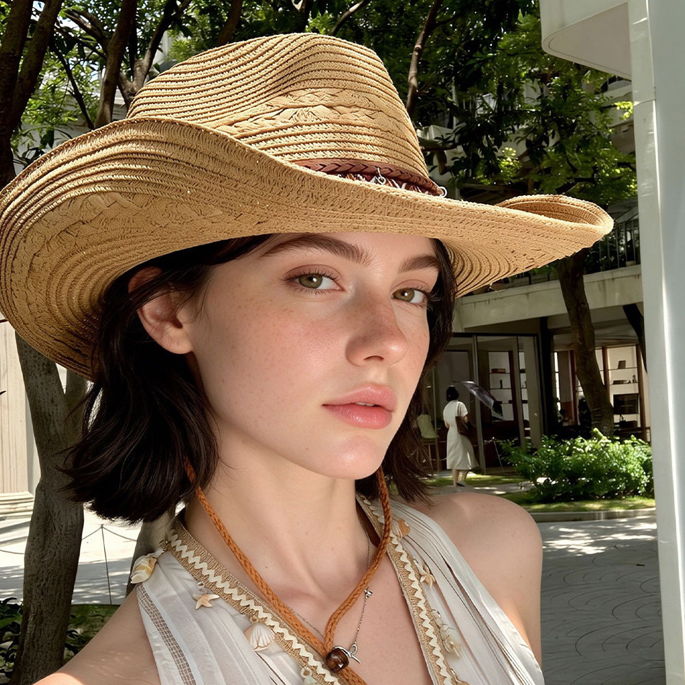 Woven Cowboy Hat | Women's Wide Brim Western Sun Hat for Summer Holidays