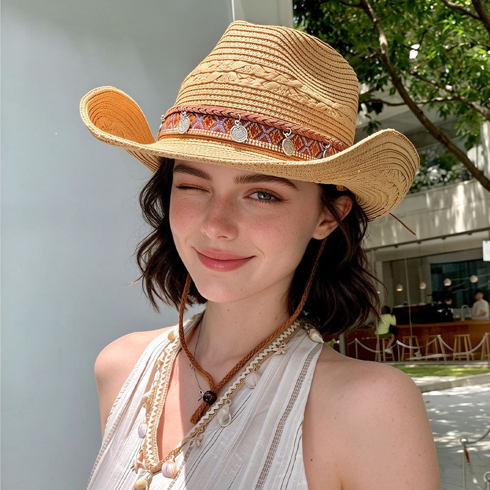 Woven Cowboy Hat | Women's Wide Brim Western Sun Hat for Summer Holidays