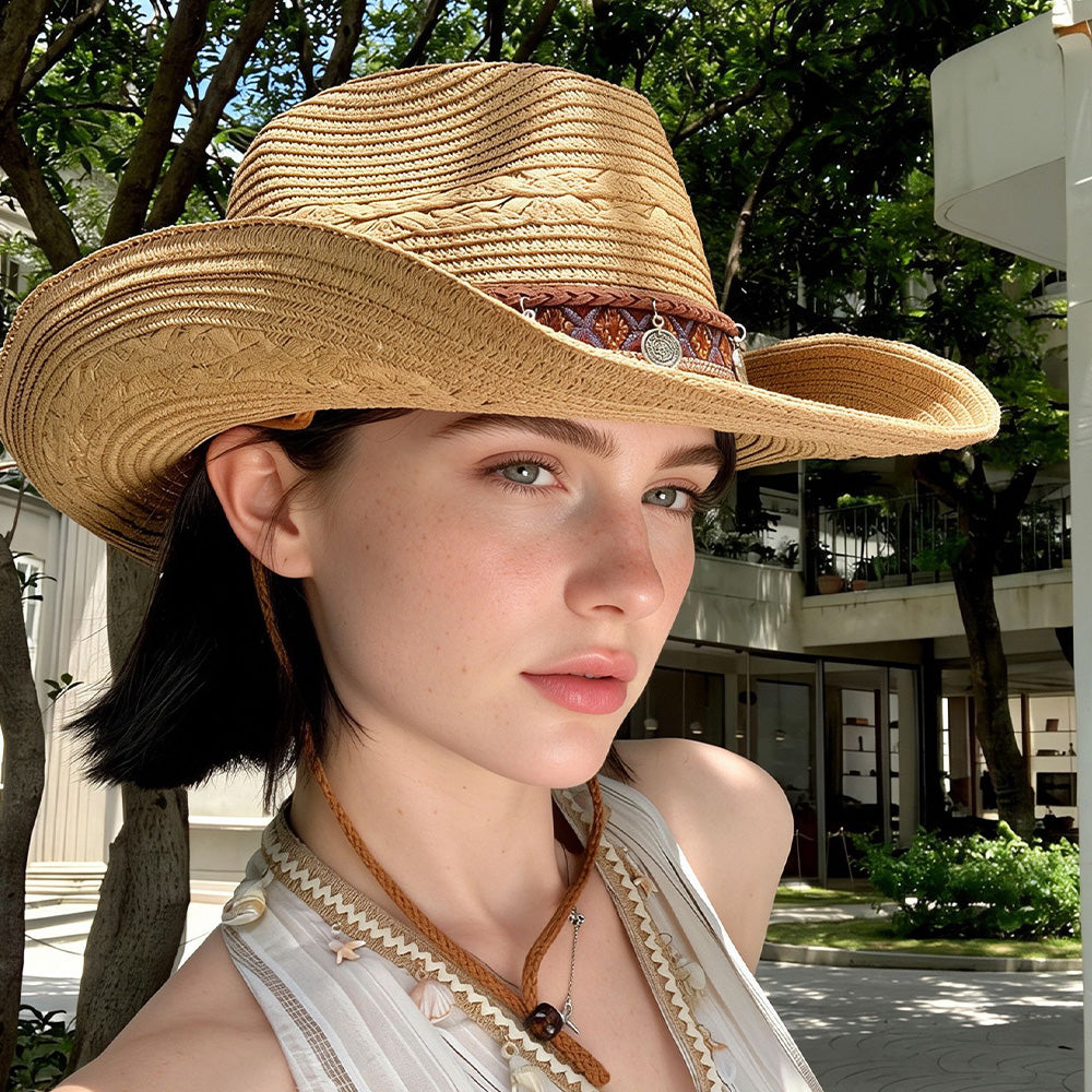 Woven Cowboy Hat | Women's Wide Brim Western Sun Hat for Summer Holidays