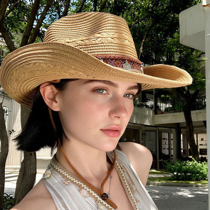 Woven Cowboy Hat | Women's Wide Brim Western Sun Hat for Summer Holidays