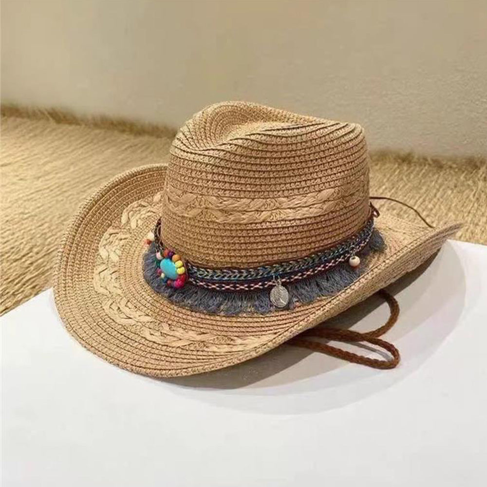 Woven Cowboy Hat | Women's Wide Brim Western Sun Hat for Summer Holidays
