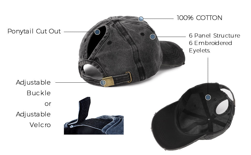 Baseball Caps for Women Distressed Cotton Hat with Ponytail Hole Black