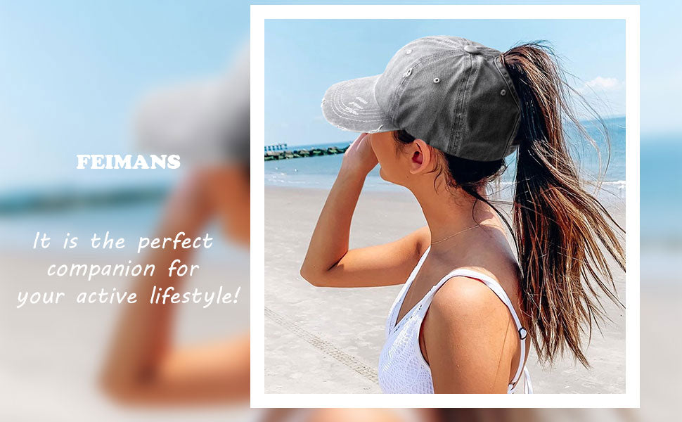 Baseball Caps for Women Distressed Cotton Hat with Ponytail Hole Black