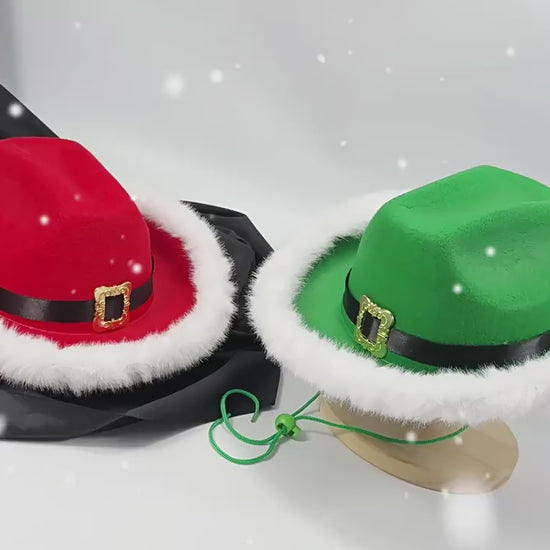 Santa Cowboy Hat Claus Western Style Kids Belt Trim Holiday Party Cap