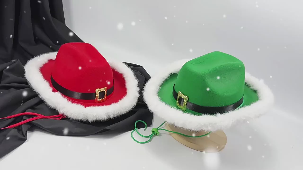 Santa Cowboy Hat Claus Western Style Kids Belt Trim Holiday Party Cap