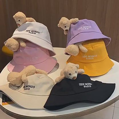 Purple Bucket Hat with Cute Bear and Letter Embroidery – Wide Brim Sun Hat for Women & Girls