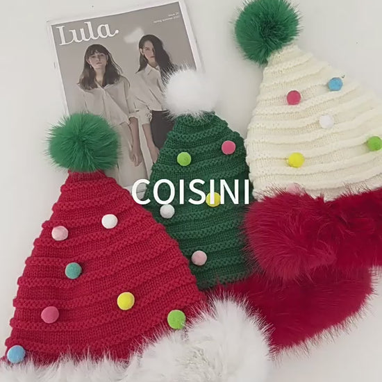 Cute Santa Hat Cut Out Red Knit Fleece Warm Antler Earflap Beanie