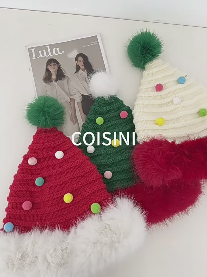 Cute Santa Hat Cut Out Red Knit Fleece Warm Antler Earflap Beanie