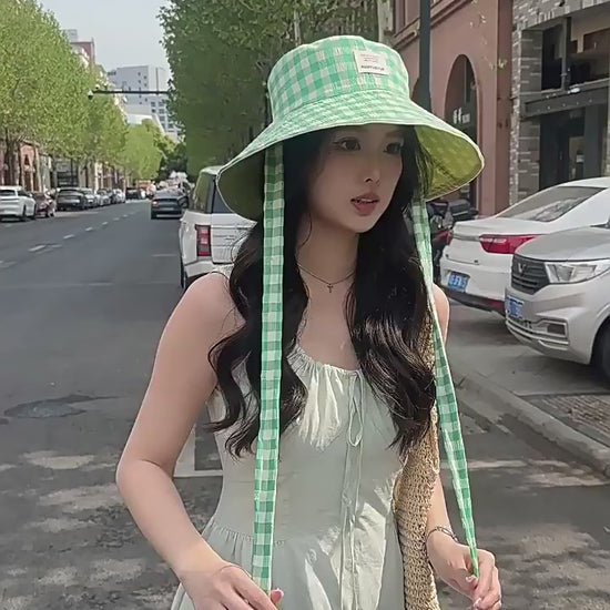 Wide Brim Bucket Hat – Reversible Plaid Sun Hat with Chin Strap, UV Protection, Multiple Colors