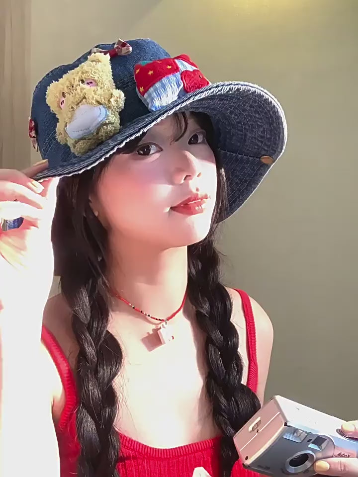 Cubs Bucket Hat | Cute Denim Bucket Hat with Bow for Women Summer Sun Protection