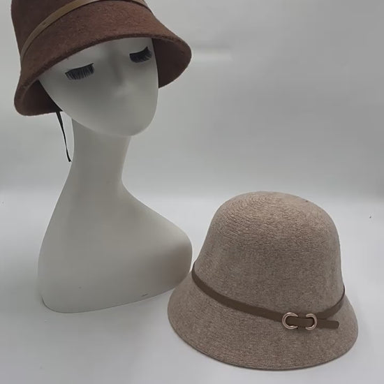 Tan Bucket Hat Palm Angels Style Brown Wool Knit Winter Fisherman Hat with Belt