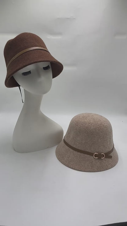 Tan Bucket Hat Palm Angels Style Brown Wool Knit Winter Fisherman Hat with Belt